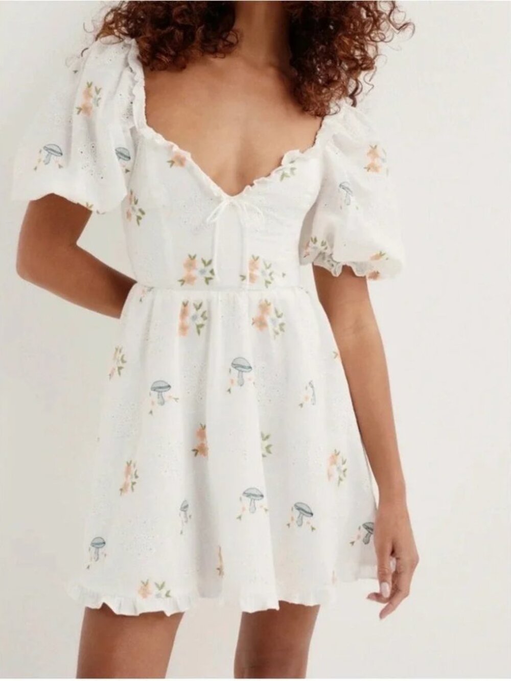 For Love and Lemons Yolanda Mini Dress White Eyelet Mushroom Print Puff Sleeve L - Picture 8 of 12